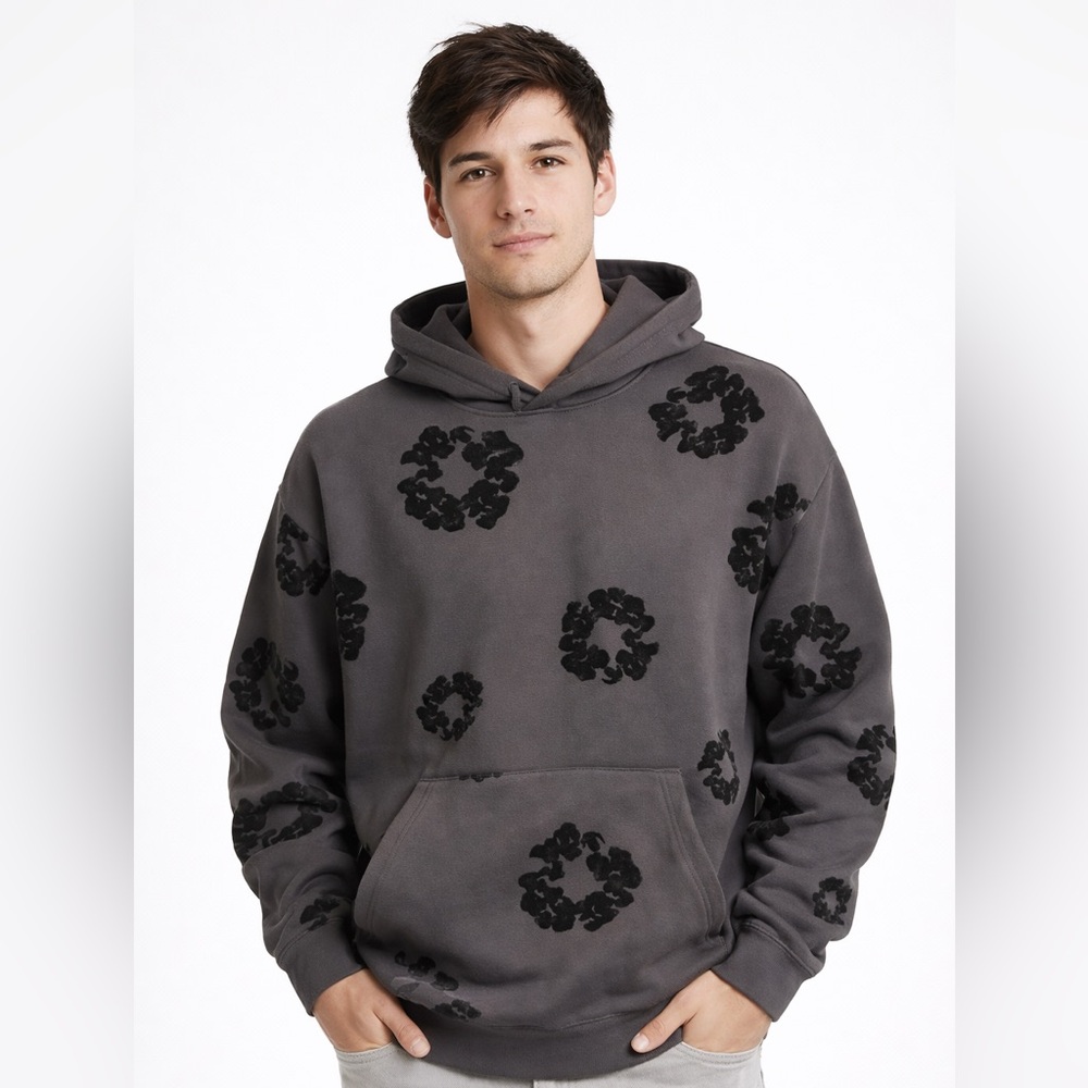 NWT Drill Social Club Mens Black Floral Sweatshirt Hoodie Sz Medium Flocked Soft